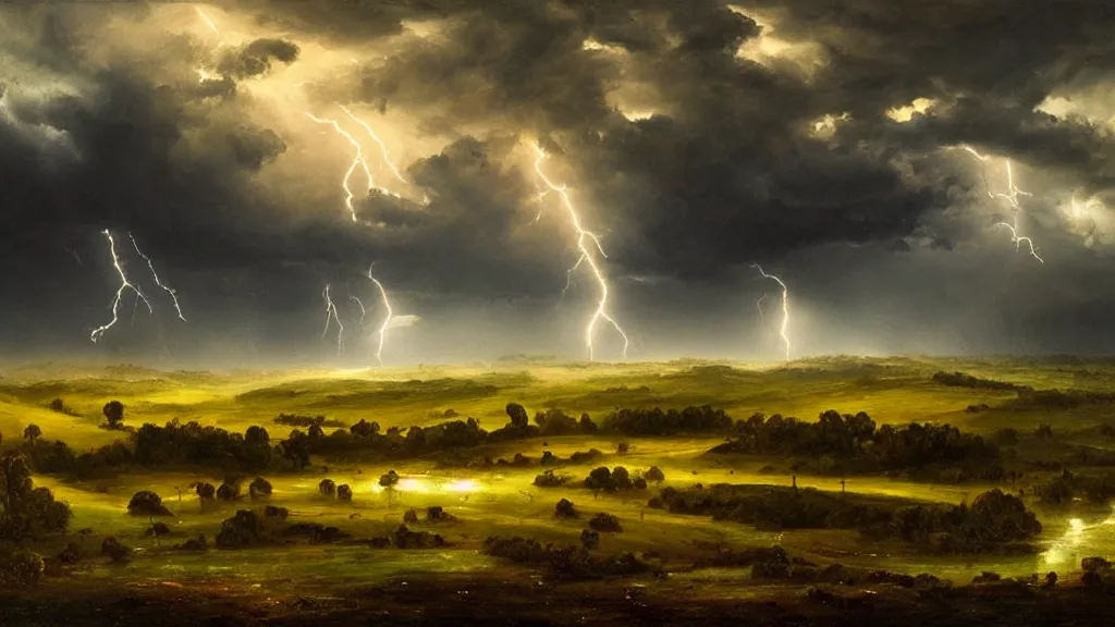 Prompt: the most beautiful panoramic landscape, oil painting, rain on a farm, menacing clouds, night, lightning, cinematic lighting, highly detailed, very realistic