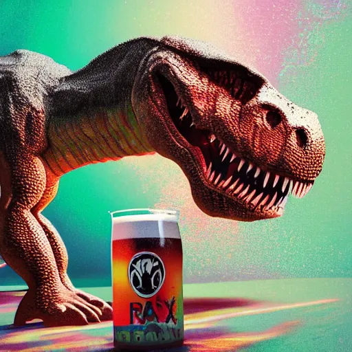 Image similar to t - rex drinking a giant ipa, hop vibes growing everywhere intricate complexity, inverted rainbow drip paint, psychedelic glitch art, trending on art station, photoreal, 8 k, octane render