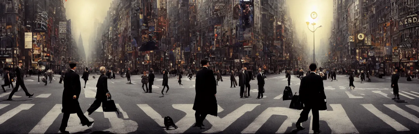 Image similar to People crossing the street from the movie Inception by Christopher Nolan, recursive, surreal, steam punk, highly detailed, smooth, cinematography, high contrast, sharp focus, dynamic lighting, 4k, by Rene Magritte