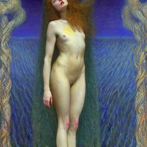 Image similar to gorgeous woman body painted by Jean Delville