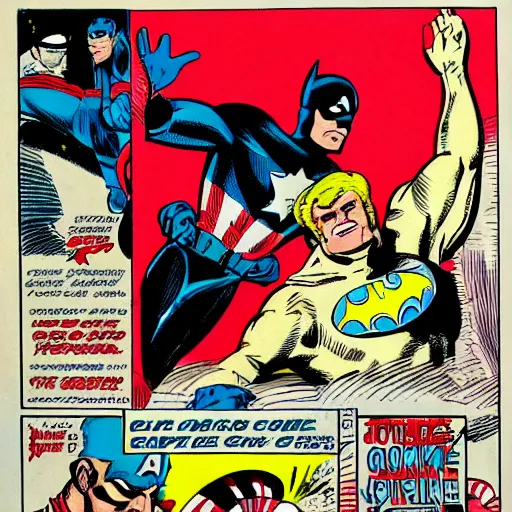 Image similar to comic book pane of captain america arresting batman, silver age of comics, Jack kirby illustration