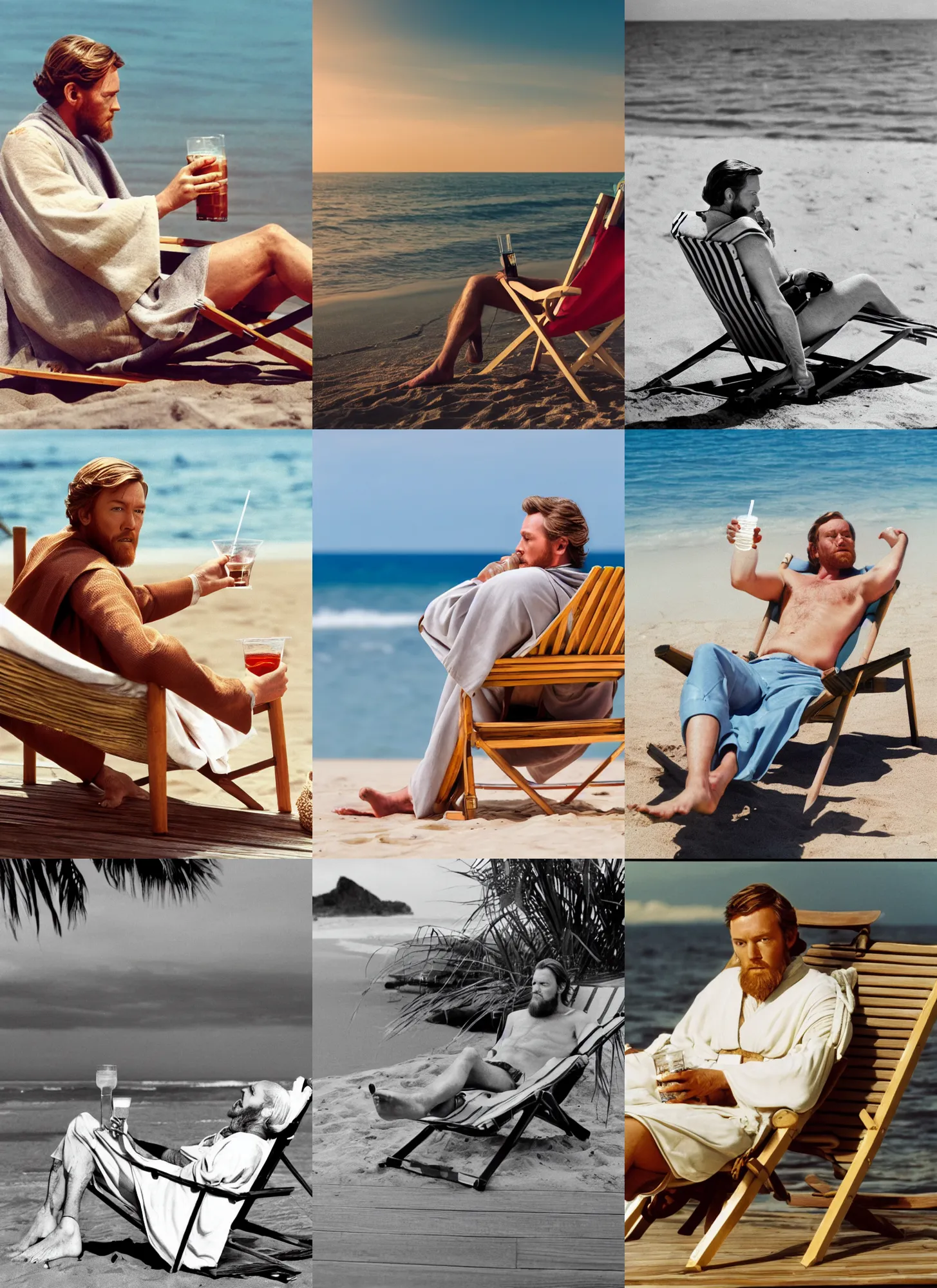 Prompt: a photograhpy of obi wan kenobi lying on a deck chair on the beach and drinking his drink