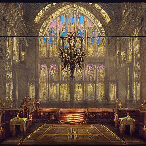 Prompt: Oil on canvas painting of the opulent imperial throne room matte finish, ominous dramatic wide angle, god rays stained glass Marc Simonetti