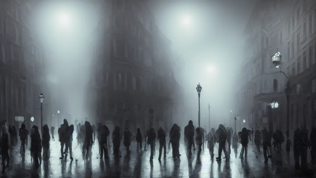 Prompt: a large black sphere with glowing edges over a crowd of people on street of the old town with houses in the windows of which the light is on. early morning, fog on ground, wet street. mike barr painting. volumetric light, dull colors, dark, noir arthouse, 3 5 mm, hight detalied, hd, 4 k