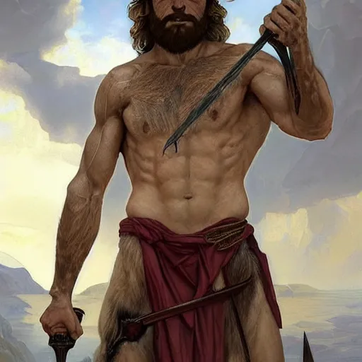 Prompt: portrait of biblical Cain, a gruff ranger carrying the holy lance of longinus spear of destiny, muscular, hairy body, a wolfish dog at his feet, intricate, elegant, highly detailed, digital painting, artstation, concept art, matte, sharp focus, illustration, art by Artgerm and Greg Rutkowski and Alphonse Mucha