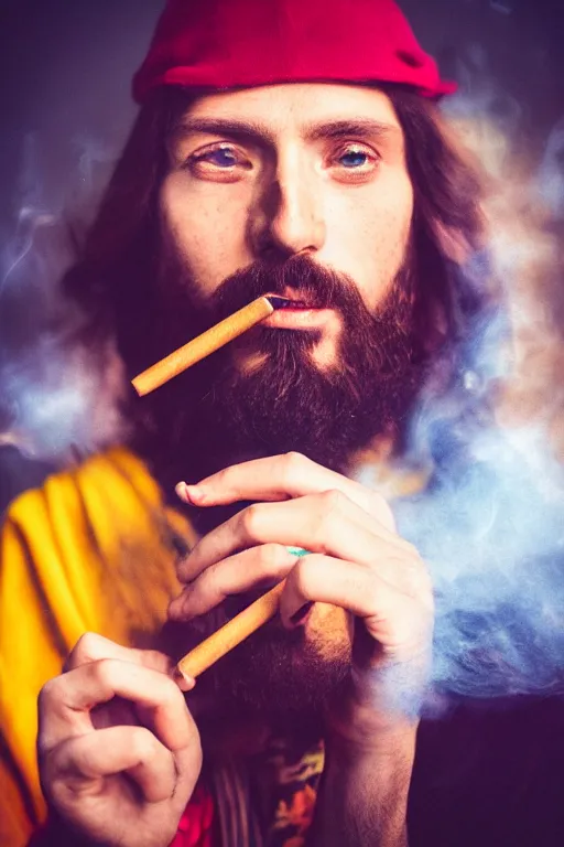 Image similar to portrait photography, jesus smoking a blunt, colorful, drmatic lighting