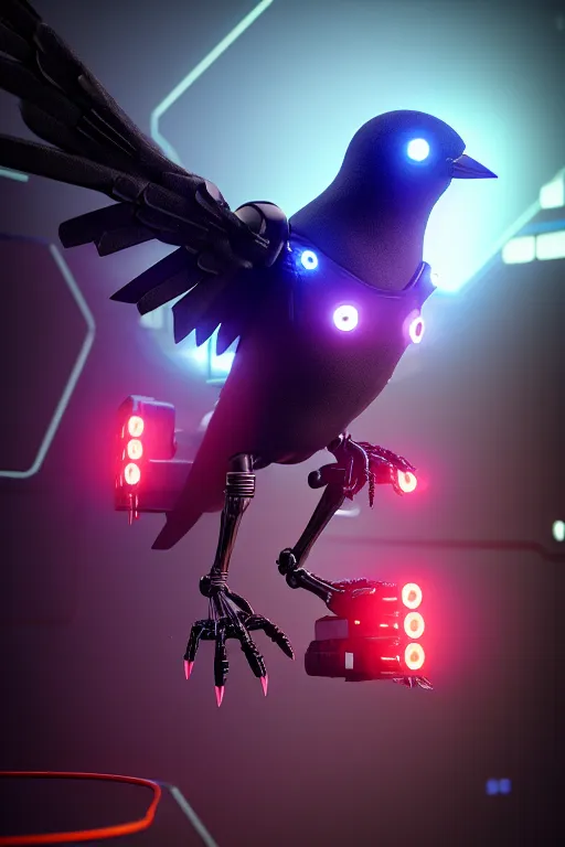 Image similar to high quality 3 d render very cute cyborg crow! incorporated speakers!, cyberpunk highly detailed, unreal engine cinematic smooth, in the style of blade runner & detective pikachu, hannah yata charlie immer, moody light, low angle, uhd 8 k, sharp focus