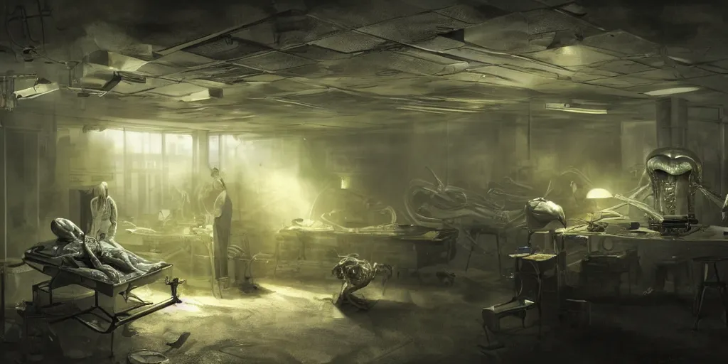 Image similar to Alien autopsy inside a secret Bio hazard Level 4 Research laboratory by John Howe, realistic, highly detailed, Beautiful dramatic moody lighting, Cinematic Atmosphere, Volumetric, 4k Resolution, Artstation,