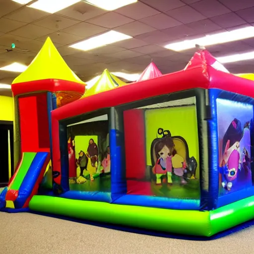 Image similar to a darkly lit indoor children's bounce house photo taken with a deposable camera limital space