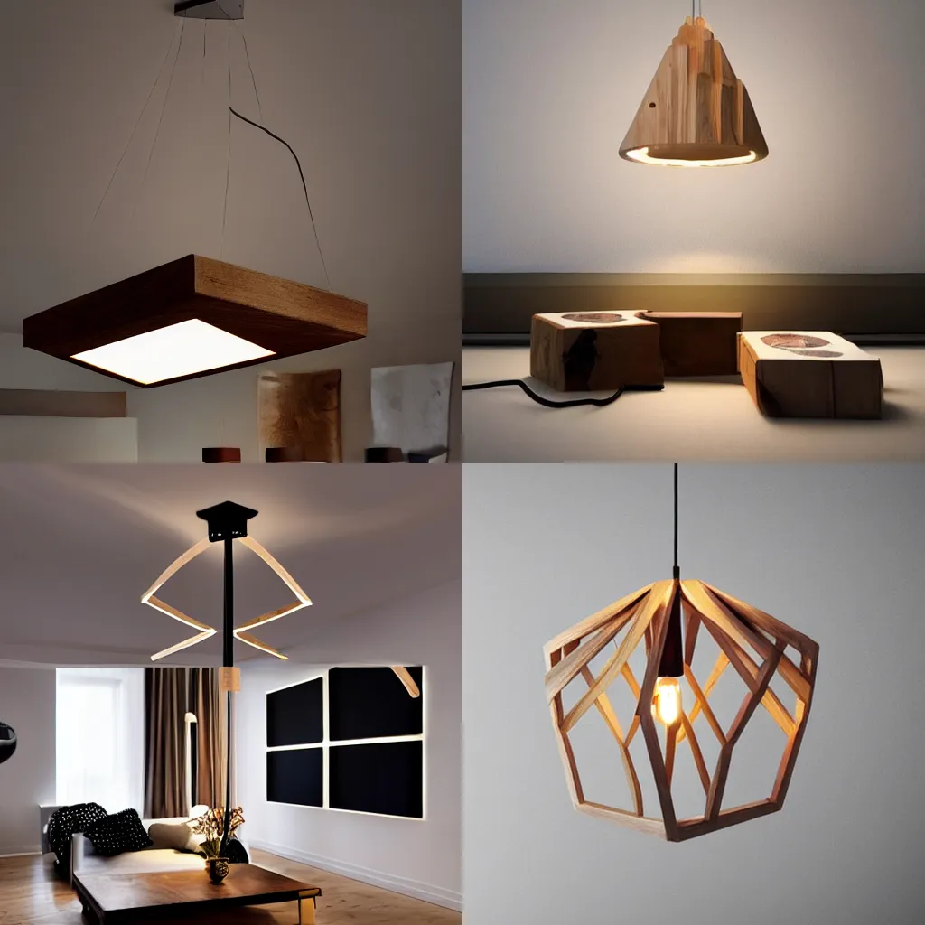 Prompt: a designer lamp for the living room, hanging from the ceiling, made from pieces of wood and 3 ledlights, modern design, elegant, hyperrealistic, 8 k