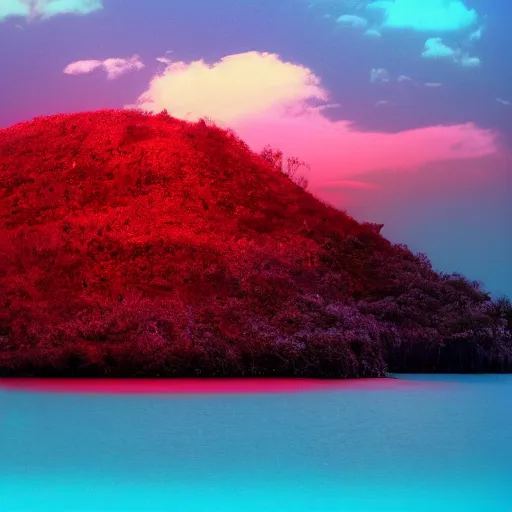 Prompt: island made of blue and red light