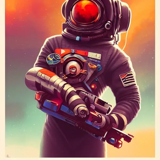 Prompt: a poster design of a solo cyberpunk cosmonaut wearing headphones in space, universe, cyberpunk, warm color, Highly detailed labeled, poster, peter mohrbacher, featured on Artstation