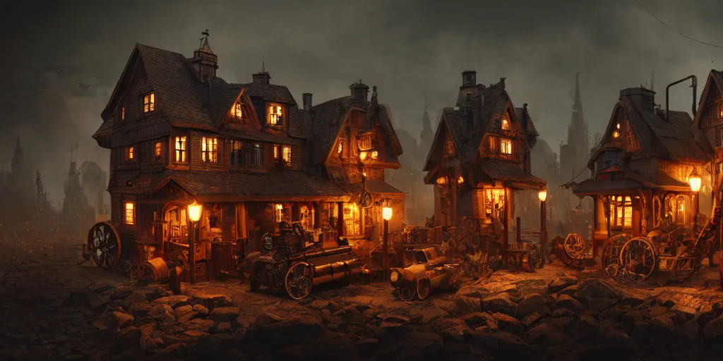 Image similar to a small steampunk wooden village, rich, cyborgs, dark aesthetic, soft colours, natural, steam, big clocks, concept art, octane render, unreal engine, in the style of luca guadagnino, highly detailed, high quality, artstation, digital art, 8 k hdr, cinematic, dramatic lighting, scenic, rich colour scheme