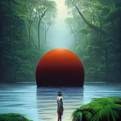 Image similar to masterpiece, darling, amazon jungle, river, rain, by jeffrey smith, rhads, surreal, digital art, highly detailed, artstation, cinematic