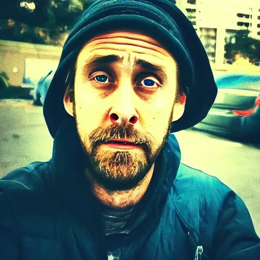 Image similar to this homeless man looks like ryan gosling if he was poor asf, accidentally taking a selfie, front camera, camera flash is so bright in his face, viral, selfie, viral on twitter, viral on instagram, viral photo