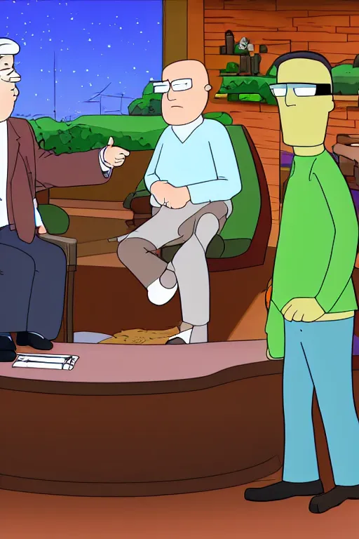 Image similar to a detailed picture of a cartoon jay leno interviewing hank hill rick from rick and morty, on the tonight show, talk show set, spotlights, cartoon and anime style, 8 k