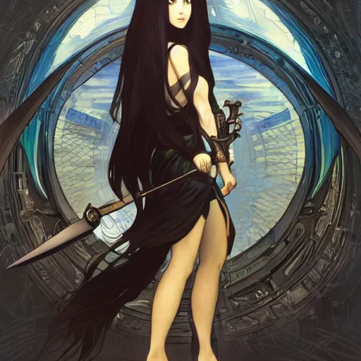 Image similar to portrait of a woman, long black hair, holding sword, in front of a sci fi cityscape, by makoto shinkai, alphonse mucha, masamune shirow, detailed, cinematic, wide angle, dark sepia toned shading, luminescent eyes, detailed face, expressive eyes, blue fire everywhere, trending on artstation.