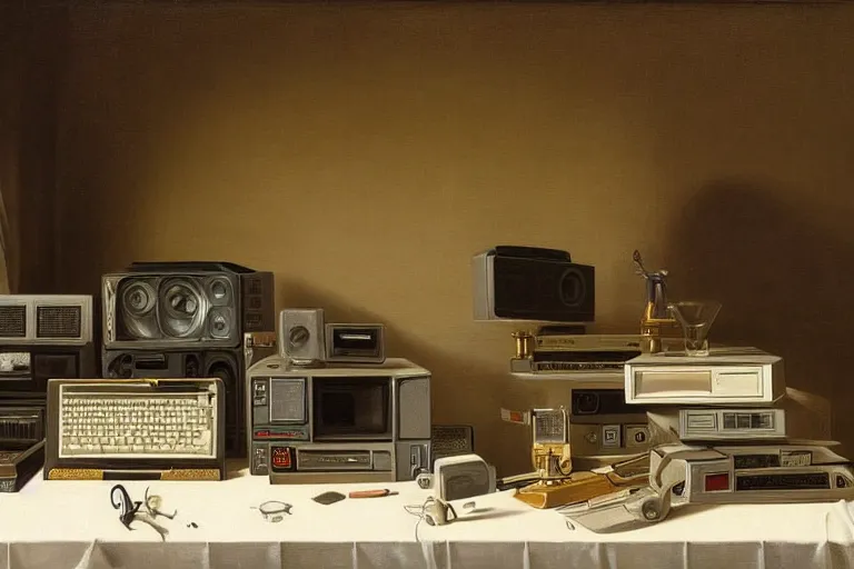 Prompt: still life painting of vintage computers by pieter claesz, oil on canvas, strong lighting, highly detailed, hyper realism, golden hour, god rays, hd, 4 k