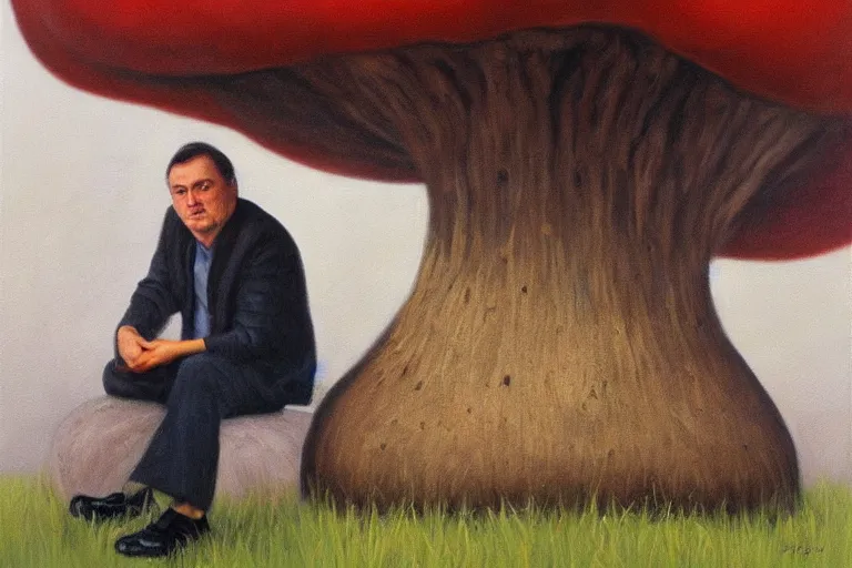 Image similar to portrait of orban viktor sitting under a big mushroom, detailed face, surreal oil painting