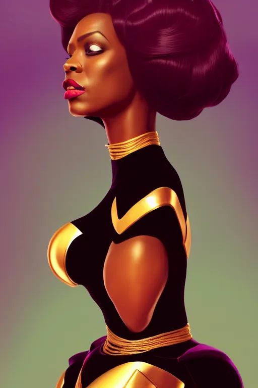 Prompt: portrait of black super woman, velvet gown,highly detailed and rendered gold jewelry, digital art, intricate, sharp focus, Trending on Artstation, HQ, unreal engine 5, 4K UHD image, by brom, artgerm, face by Otto Schmidt