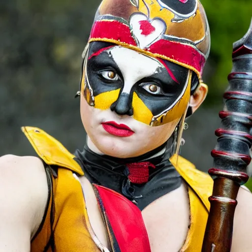 Image similar to photo of a beautiful female harlequin warrior with weapon