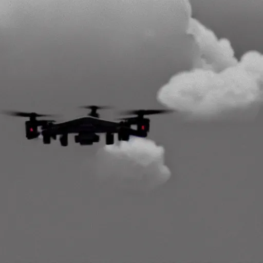 Image similar to combat drone strike war footage, ir, chromatic aberration!!!!!!!!!!!, broken camera colors, iridescent saturated infrared camera, very high contrast, nuclear cloud, high angle vertical