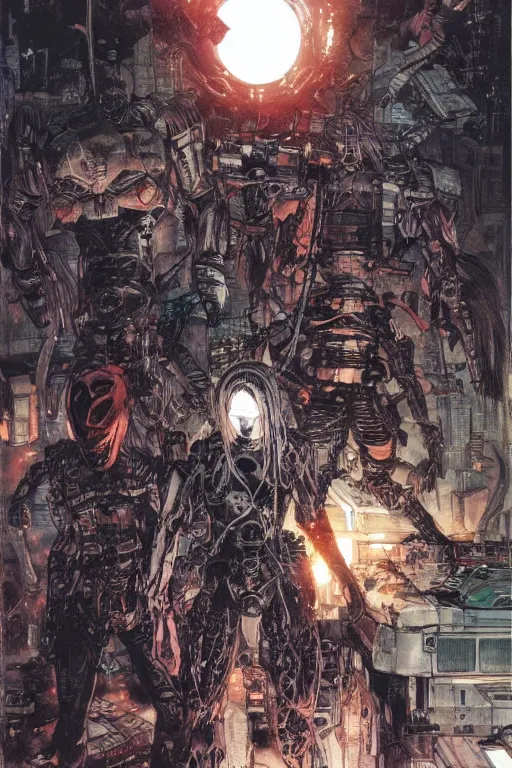 Image similar to cyborg bounty hunters at dawn, a color cover illustration by tsutomu nihei, tetsuo hara and katsuhiro otomo