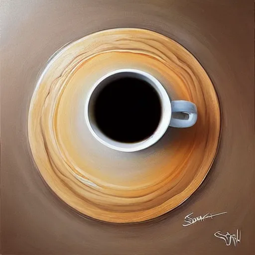 Prompt: a cup of coffee with fractal cream swirls on a wooden table, a hyperrealistic painting by sam spratt, trending on cgsociety, fantasy art, chalk art, hyper realism, hyper - realistic