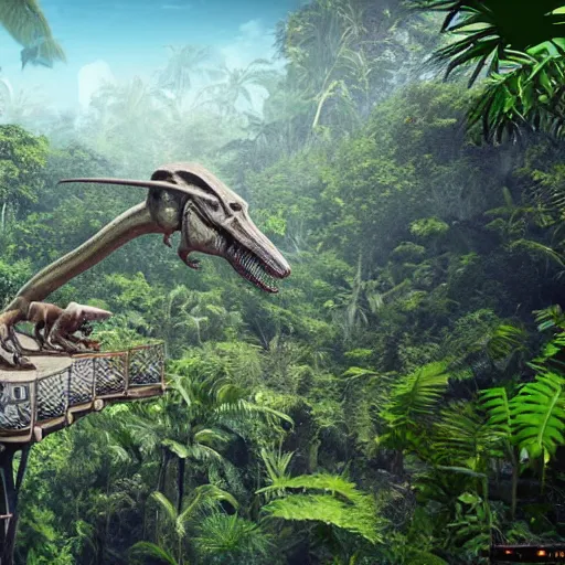 Image similar to a drone view of an elaborate time machine with floating platform over a prehistoric jungle with a t - rex in the background, unreal engine, hyper detailed