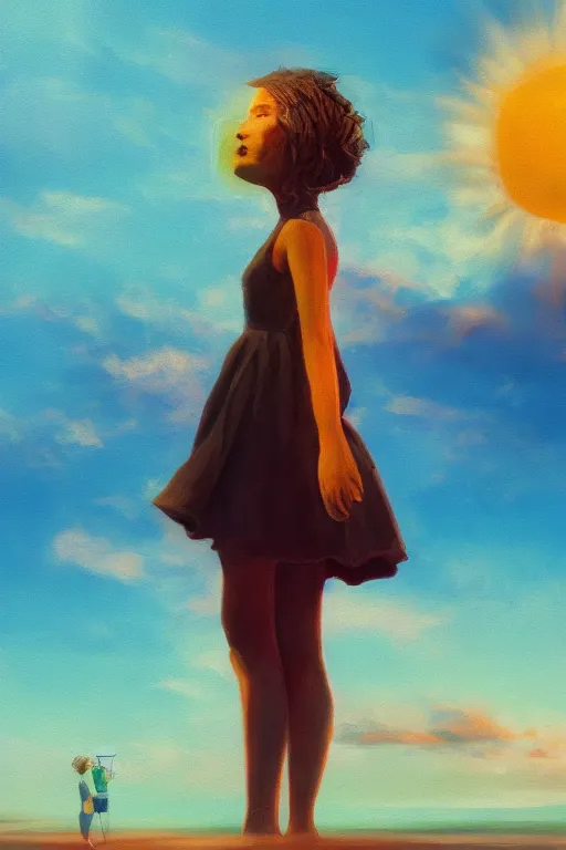 Image similar to closeup huge dahlia flower head, girl standing on beach, surreal photography, blue sky, sunrise, dramatic light, impressionist painting, digital painting, artstation, simon stalenhag