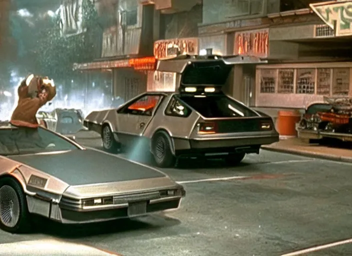 Image similar to screenshot from the iconic scene from the lost Back to the Future film directed by Martin Scorsese, cinematic lighting, unsettling set design with extreme detail, moody cinematography, with anamorphic lenses, crisp, detailed, 4k image, starring Marty Mcfly