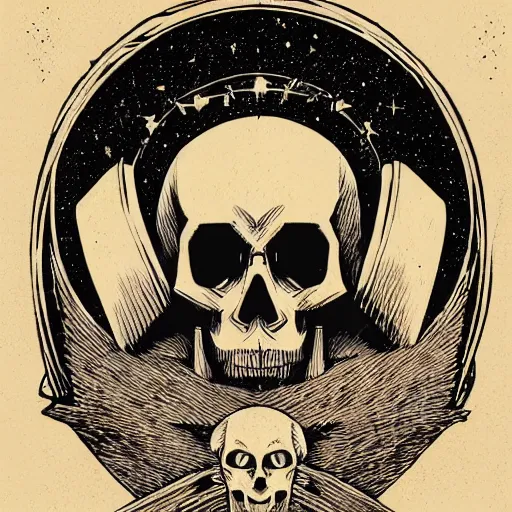 Image similar to Woodcut portrait of a beautiful cute skull with robot ears by falling into the stars greg rutkowski, 4k, intricate details