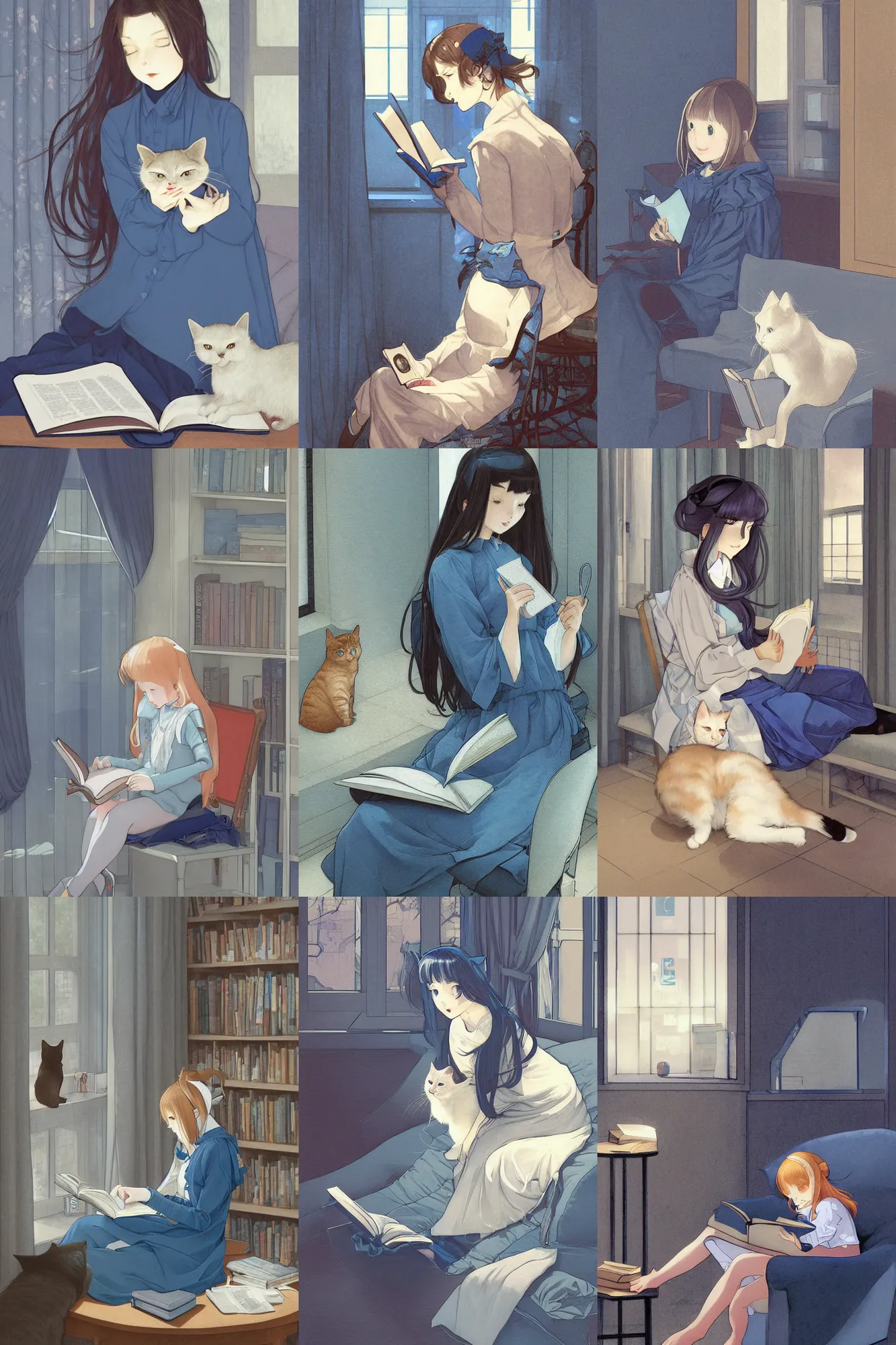 Prompt: 1. a digital painting of a girl reading a book with a cat in A comfortable study room at night,blue and grey theme,JK uniform ,Hairdryer,blue theme,S line, by krenz cushart and mucha and range murata and greg rutkowski