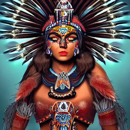 Image similar to character design, aztec warrior goddess with beautiful woman face, crown of very long feathers, full body, glowing aztec tattoos, beautiful, dark fantasy