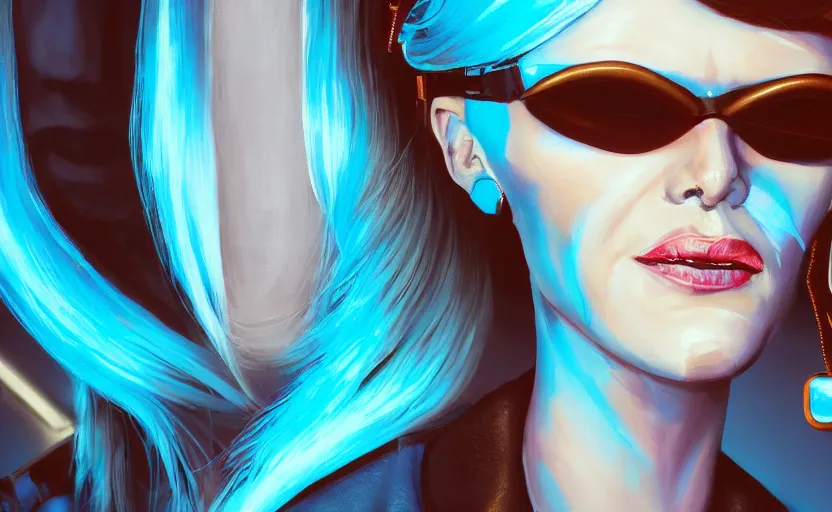 Image similar to closeup painting of donald trump cyberpunk woman smirking, wearing light blue shutter shades and a dark brown leather jacket, one side haircut, long brown hair with light blue ends, portrait, hyperdetailed, artstation, cgsociety, 8 k, synthwave by tangerine dream