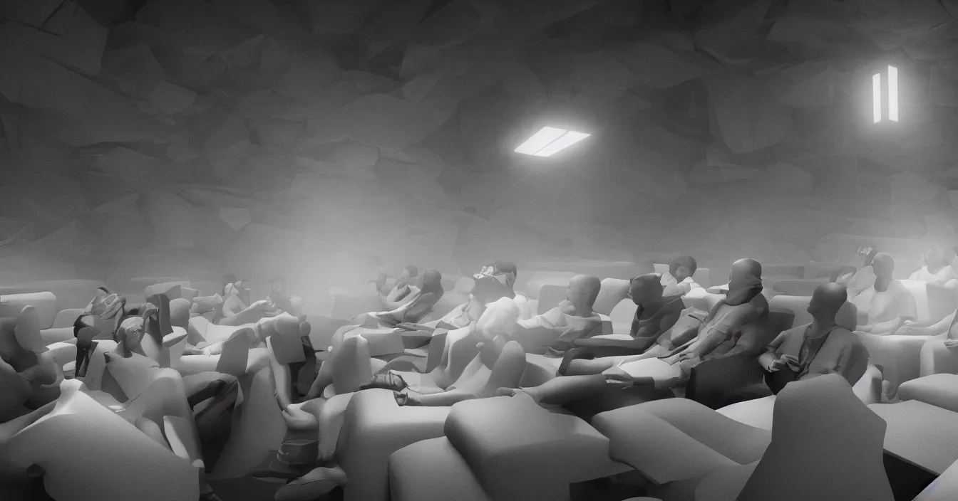 Prompt: human beings sit in the cinema and watch the illusions of their lives on screen of life, which project the volumetric light of consciousness, realistic, deep sense of spirituality, contrast shading, unreal engine, vray, style of tibor nagy
