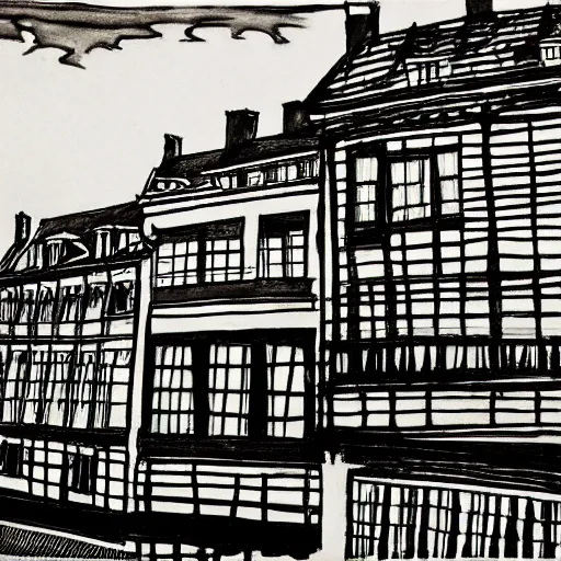 Prompt: an Ink drawing of Amiens, Northern France, waterfront houses, high contrast, black and white