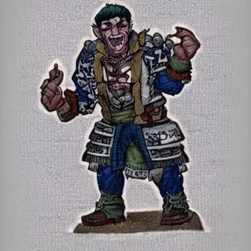 Image similar to a middle aged half - orc with thin fangs and blue grey intelligent eyes, a bemused smile. he wears a patchwork military uniform jacket with cut sleeves and many charms and baubles worked into the fabric, with an upturned collar. he has sleeve tattoos. 1 9 th century style