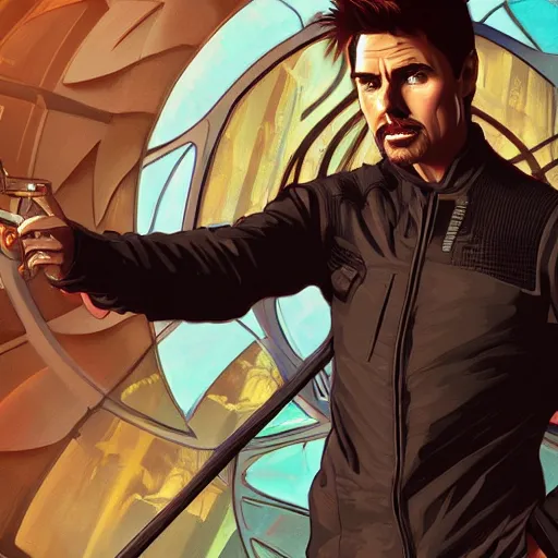 Image similar to Tom Cruise as an intense Tony Stark, ambient lighting, 4k, alphonse mucha, lois van baarle, ilya kuvshinov, rossdraws, artstation