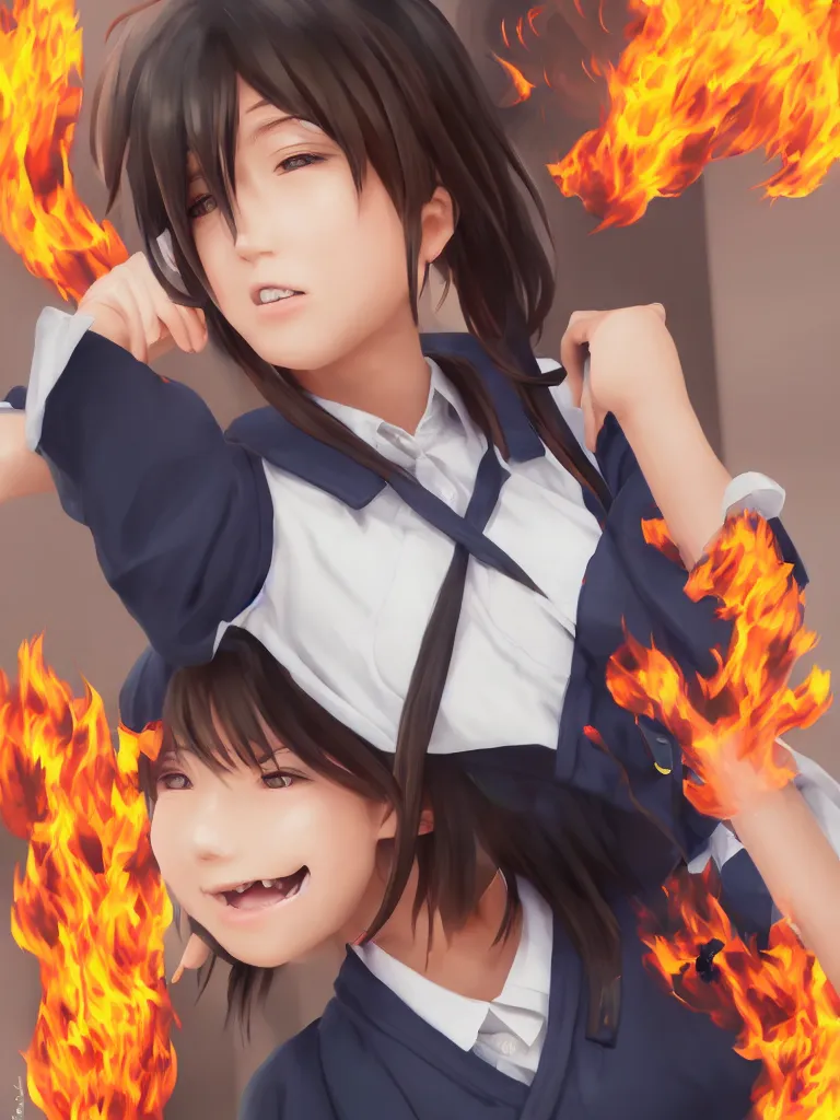 Prompt: Portrait of a Japanese schoolgirl with short hair in school uniform causing flames in a moment of rage, ultra detailed, artstation, 8k, photorealistic, digital anime art.