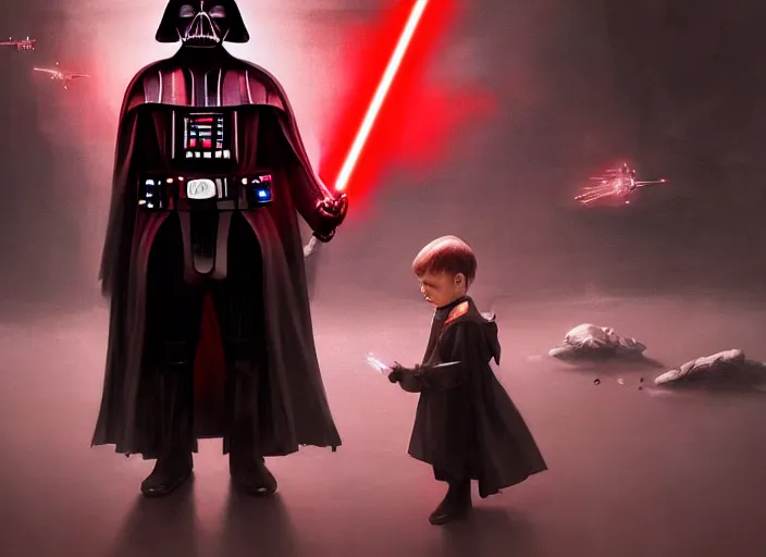 Image similar to a dramatic highly detailed render of darth vader with red lightsaber drawn facing a cute toddler with its back to the camera, futuristic star wars vibe, by WLOP and Artgerm and Greg Rutkowski and Alphonse Mucha, Beautiful dynamic dramatic dark moody lighting, shadows, cinematic atmosphere, Artstation, concept design art, Octane render, 8K, masterpiece, sharp focus, hyperrealistic