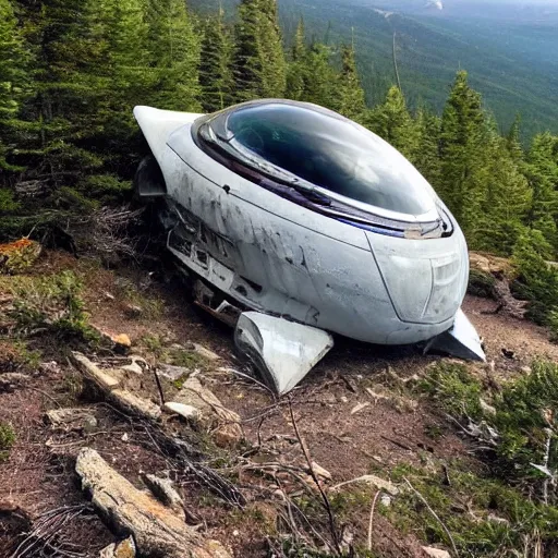 Prompt: photo of the crashed alien spaceship, crashed alien spaceship, spacecraft, science, clear mountaintop trail