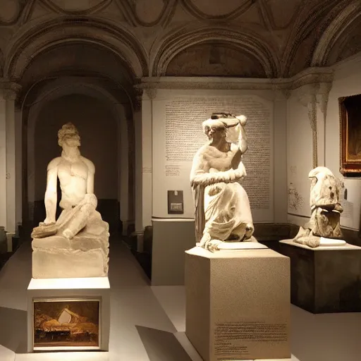 Prompt: a dimly lit museum of statues