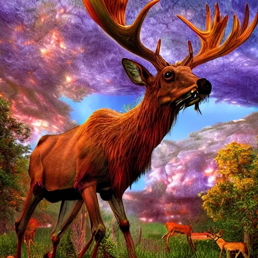 Image similar to Photorealistic skeletal elk in the garden of eden. Hyperdetailed photorealism, 108 megapixels, amazing depth, glowing rich colors, powerful imagery, psychedelic Overtones, 3D finalrender, 3d shading, cinematic lighting, artstation concept art