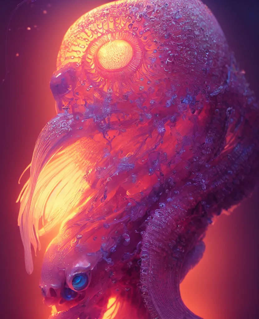 Image similar to goddess close-up portrait. jellyfish phoenix head, nautilus, orchid, skull, betta fish, bioluminiscent creatures, intricate artwork by Tooth Wu and wlop and beeple. octane render, trending on artstation, greg rutkowski very coherent symmetrical artwork. cinematic, hyper realism, high detail, octane render, 8k