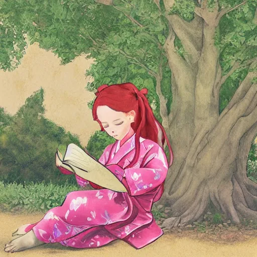 Image similar to little girl with long curly red hair dressed in a pink kimono and sitting next to a tree while reading a book, artwork made in street fighter art style inspired in balthus and made in abyss