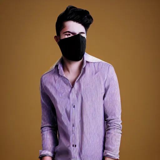 Prompt: professional digital art of a full-body view of a stylish young adult man with short hair wearing a black face mask, a striped long-sleeved shirt, and ripped jeans, high quality, HD, 8K, highly detailed, award-winning, dark purple clouds