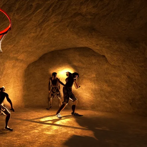 Image similar to high resolution unreal engine render of cavemen playing basketball inside cave at night, cave lit by torch light, stalagmites