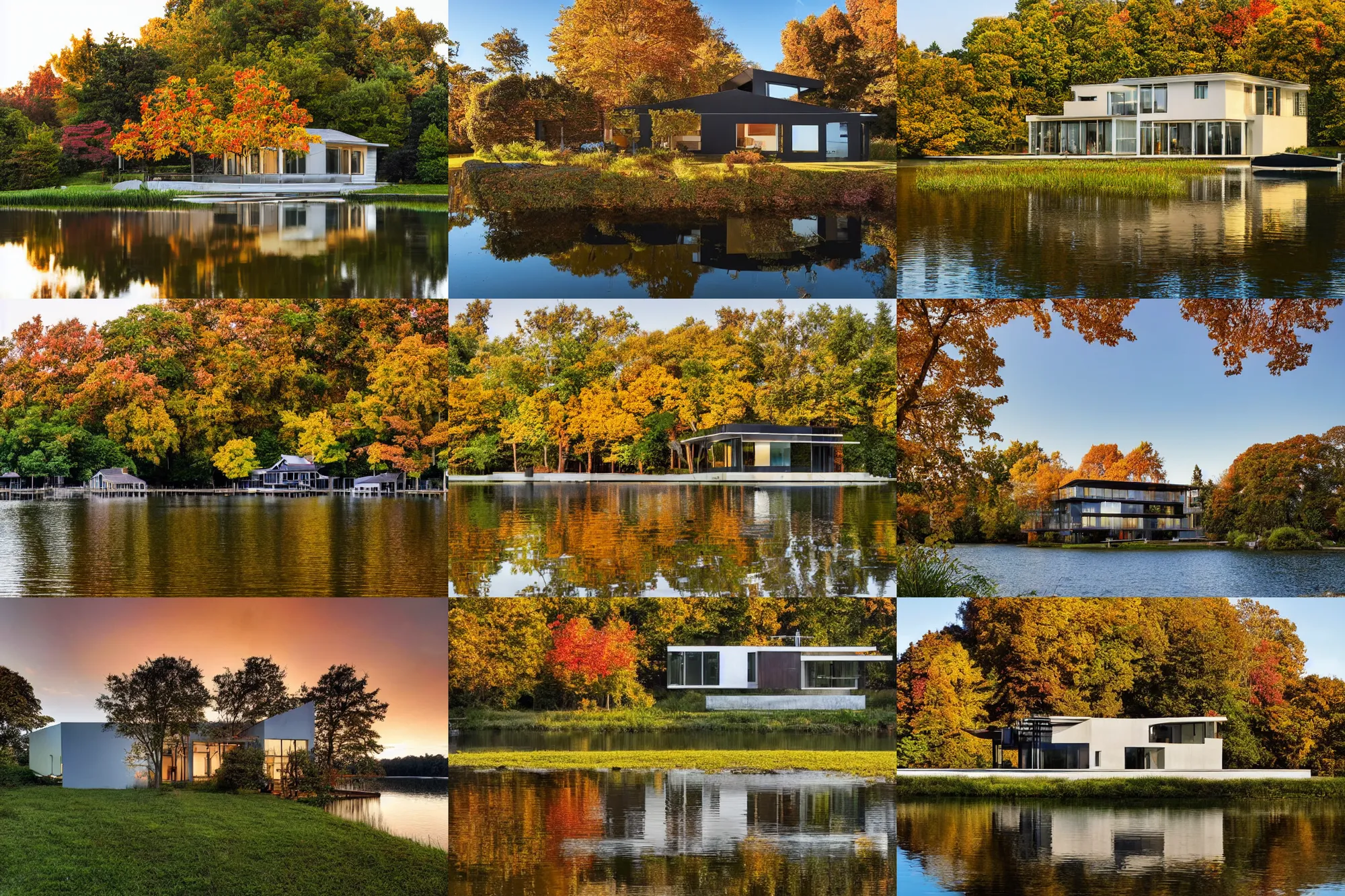 Prompt: architectural digest photo, wide angle, frontal view of house, bauhaus style house by a lake, fall autumn indian summer, sunset, dusk, golden hour, single floor, flat roof, patio, lush vegetation trees bushes, secluded, calm serene relaxed, small dock, rowing boat, bushes, reflection in water, ultra realistic 8 k