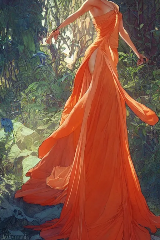 Image similar to man in orange shirt fastens dress, beautiful creation to his spouse before going to exquisite gala art by artgerm and greg rutkowski and charlie bowater and magali villeneuve and alphonse mucha